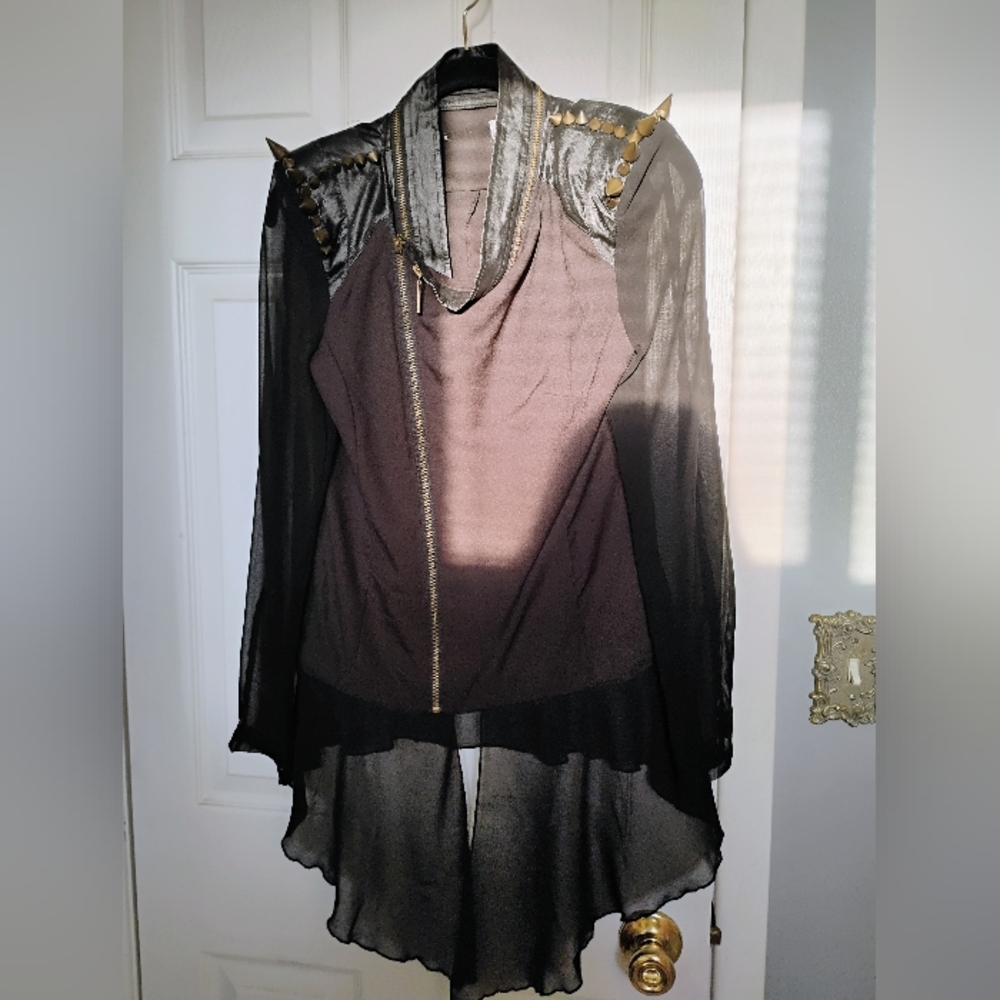 Edgey Black Sheer Sleeve Jacket w/Shoulder Pads & Brass Spike Accents • SMALL